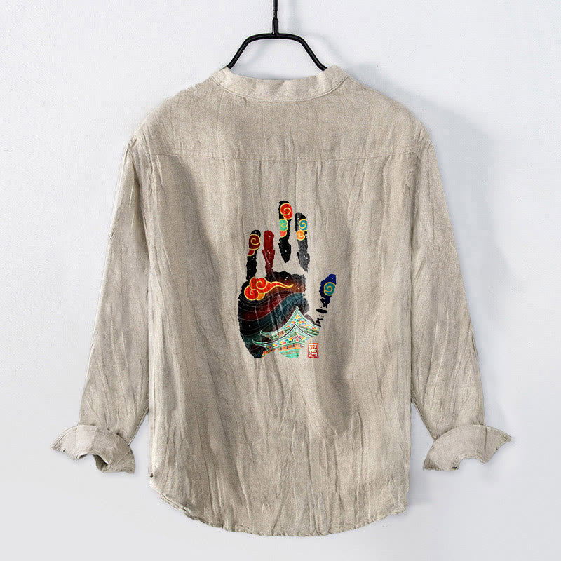 Buddha Stones手形建築模様半ボタンメンズコットンリネン長袖シャツ - リネン - US/UK/AU50、EU60 (5XL) - image 0