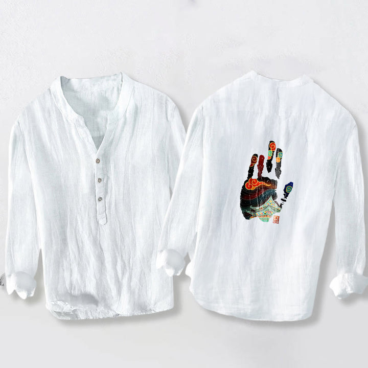 Buddha Stones手形建築模様半ボタンメンズコットンリネン長袖シャツ - image 8