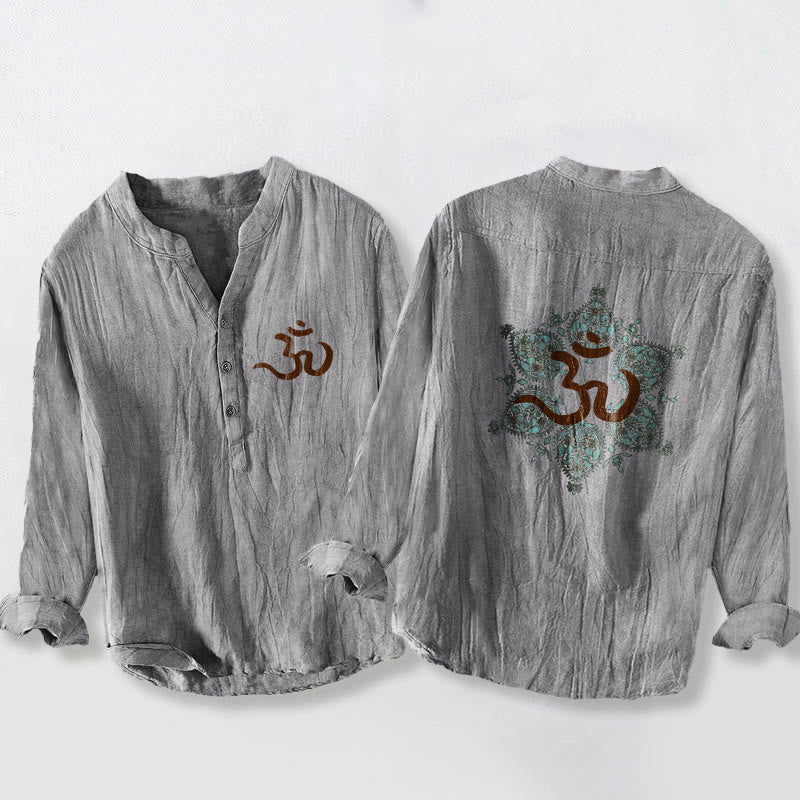 Buddha Stones、オームシンボル、対称曼荼羅柄、ハーフボタン、メンズコットンリネン長袖シャツ - グレー - US/UK/AU50、EU60 (5XL) - image 3
