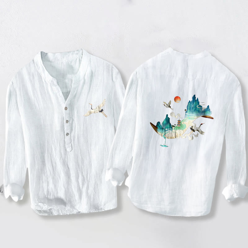 Buddha Stones、山、鶴、雲の模様 ハーフボタン メンズ コットンリネン 長袖シャツ - 白 - US/UK/AU50、EU60 (5XL) - image 6