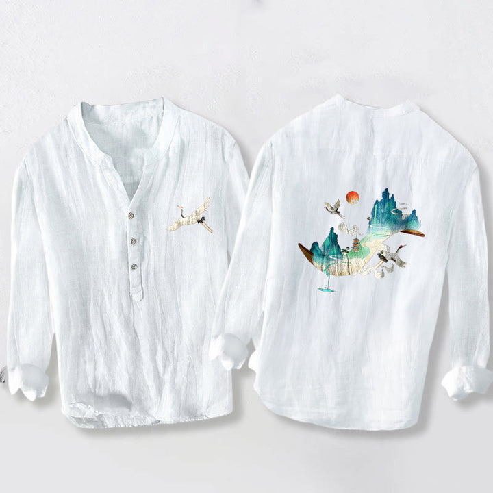 Buddha Stones、山、鶴、雲の模様 ハーフボタン メンズ コットンリネン 長袖シャツ - 白 - US/UK/AU50、EU60 (5XL) - image 6