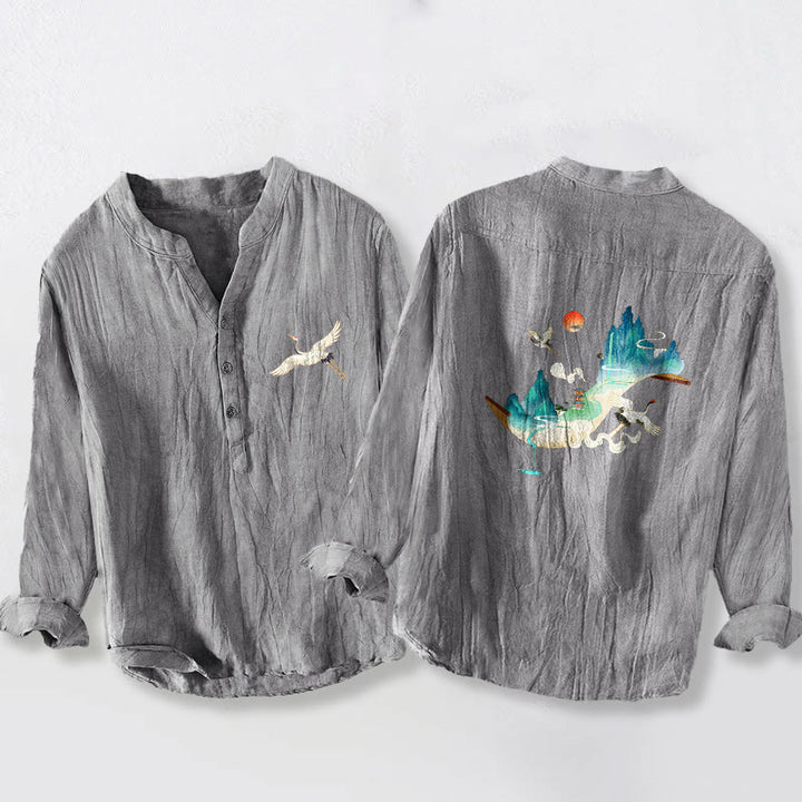 Buddha Stones、山、鶴、雲の模様 ハーフボタン メンズ コットンリネン 長袖シャツ - グレー - US/UK/AU50、EU60 (5XL) - image 0