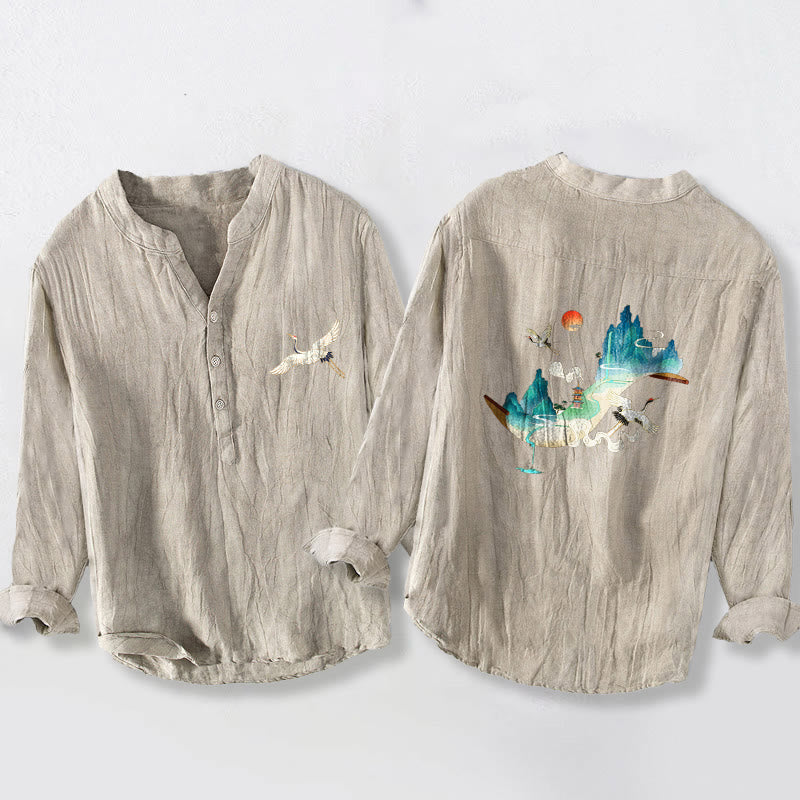 Buddha Stones、山、鶴、雲の模様 ハーフボタン メンズ コットンリネン 長袖シャツ - リネン - US/UK/AU50、EU60 (5XL) - image 3