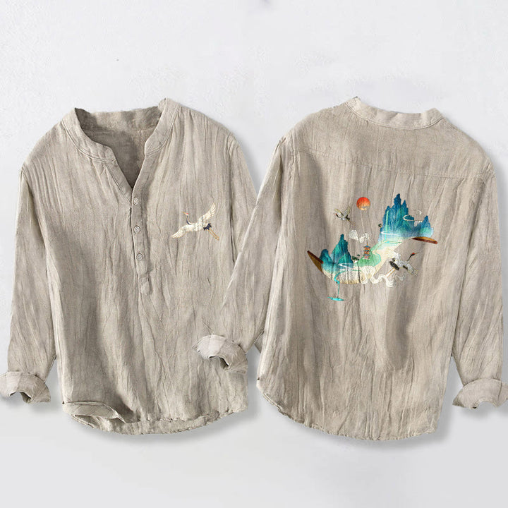 Buddha Stones、山、鶴、雲の模様 ハーフボタン メンズ コットンリネン 長袖シャツ - リネン - US/UK/AU50、EU60 (5XL) - image 3