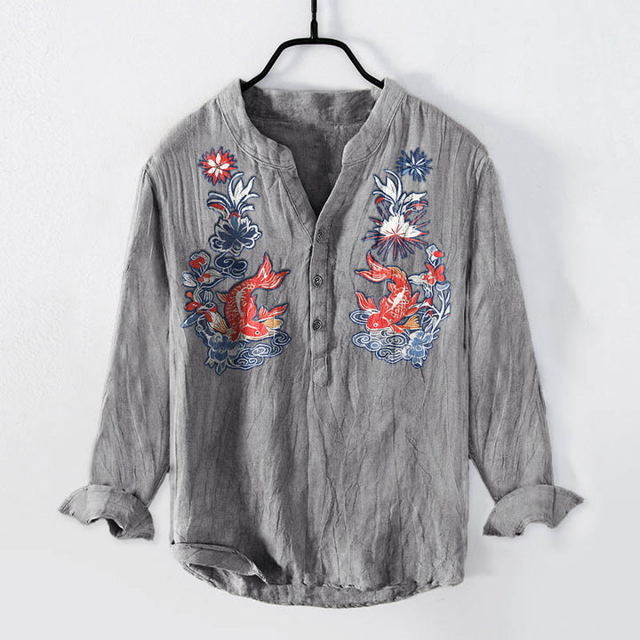 Buddha Stonesと鯉の花柄ハーフボタンコットンリネンメンズ長袖シャツ - グレー - US/UK/AU50、EU60 (5XL) - image 3
