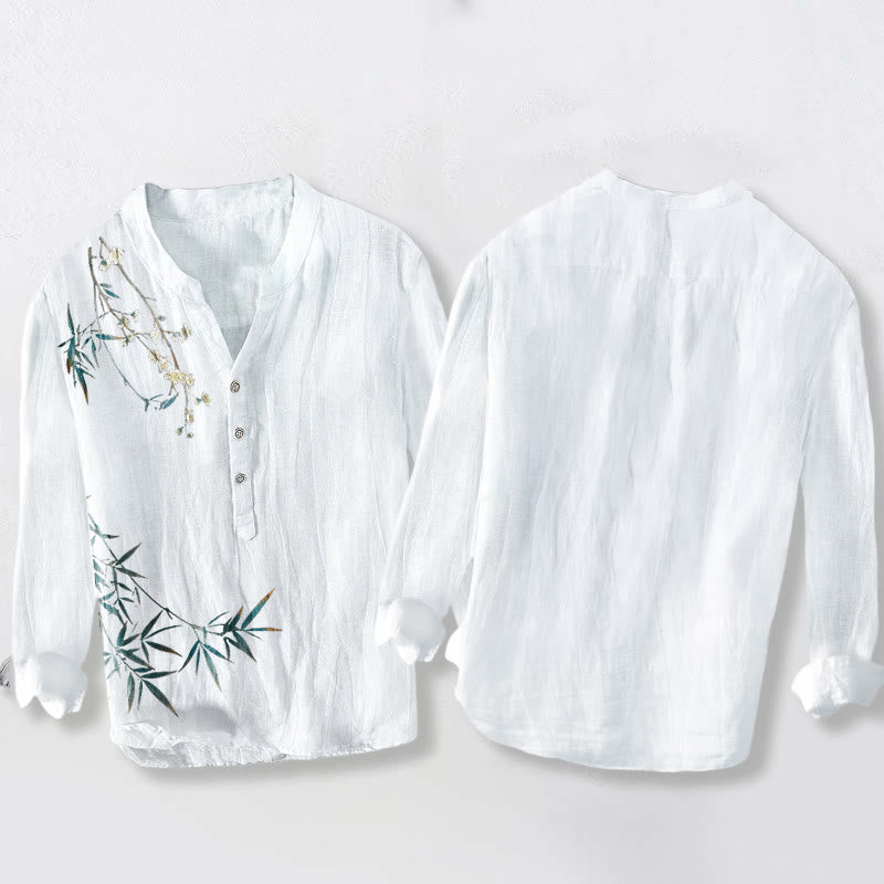 Buddha Stones、竹の葉、白い梅の花柄、コットンリネンメンズ長袖シャツ - image 8