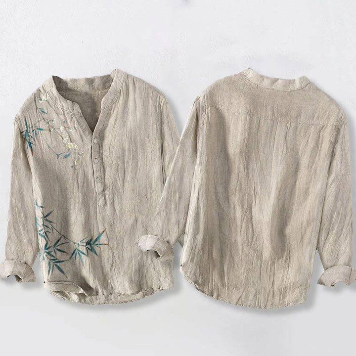 Buddha Stones、竹の葉、白い梅の花柄、コットンリネンメンズ長袖シャツ - image 2