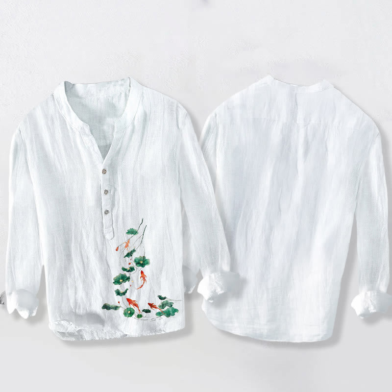 Buddha Stones、鯉、蓮の葉柄、ハーフボタン、コットンリネン、メンズ長袖シャツ - image 2