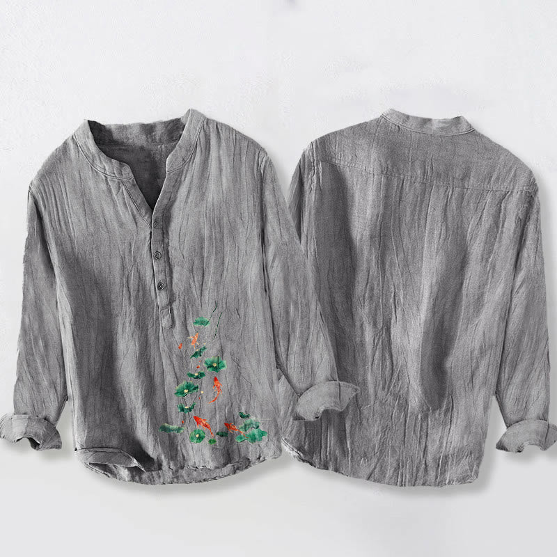 Buddha Stones、鯉、蓮の葉柄、ハーフボタン、コットンリネン、メンズ長袖シャツ - image 8