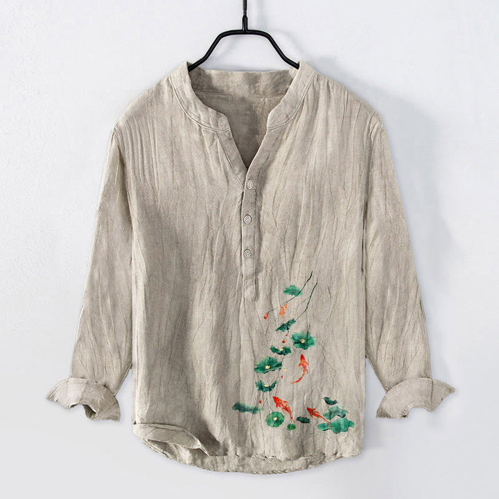 Buddha Stones、鯉、蓮の葉柄、ハーフボタン、コットンリネン、メンズ長袖シャツ - リネン - US/UK/AU50、EU60 (5XL) - image 3