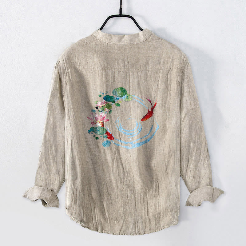 Buddha Stones、鯉、蓮の花、葉の模様、ハーフボタン、長袖メンズコットンリネンシャツ - リネン - US/UK/AU50、EU60 (5XL) - image 3