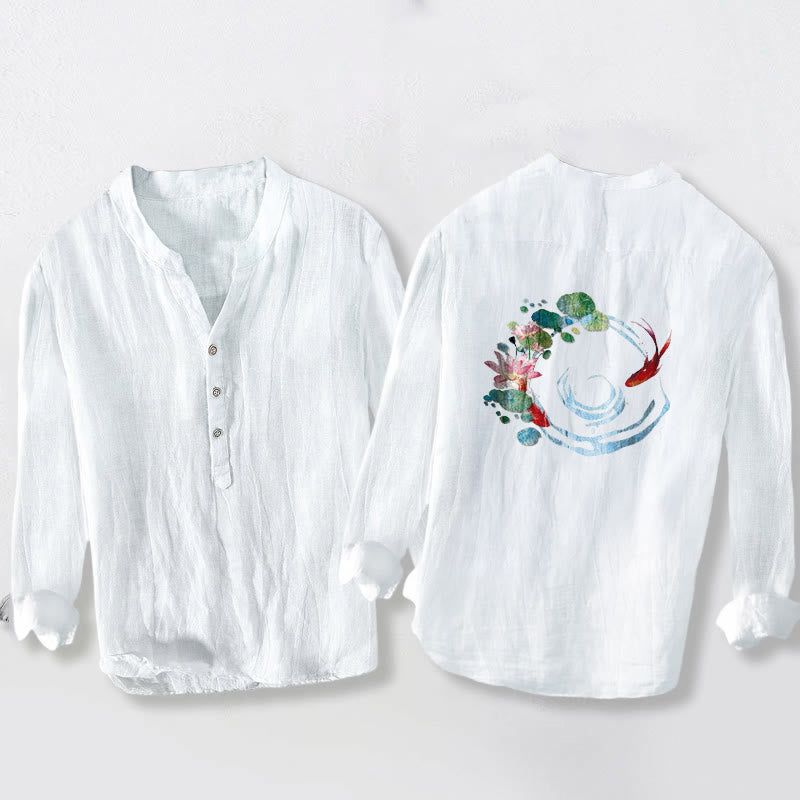 Buddha Stones、鯉、蓮の花、葉の模様、ハーフボタン、長袖メンズコットンリネンシャツ - image 8