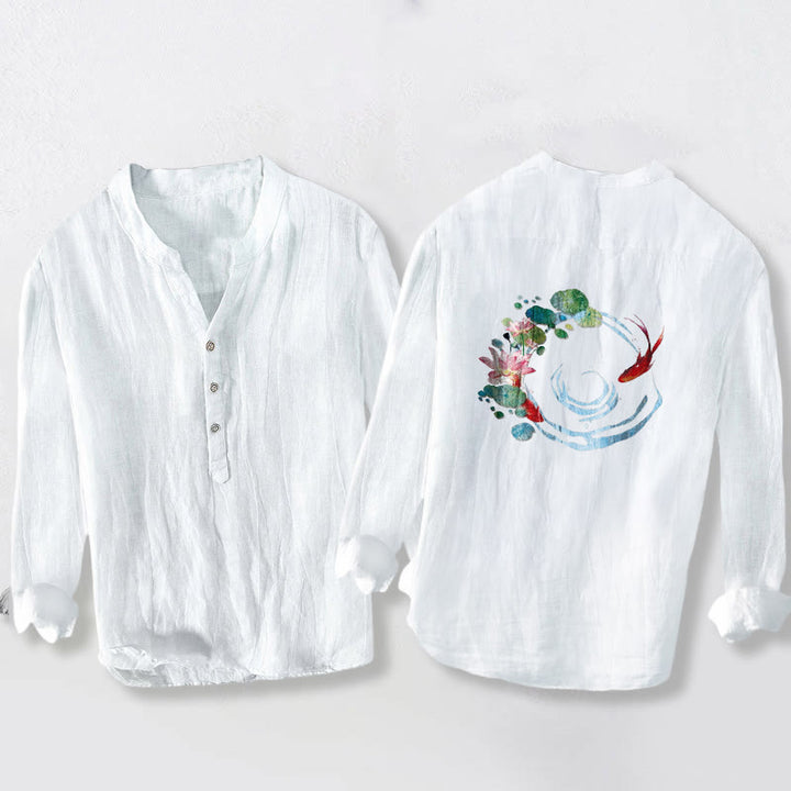 Buddha Stones、鯉、蓮の花、葉の模様、ハーフボタン、長袖メンズコットンリネンシャツ - image 8