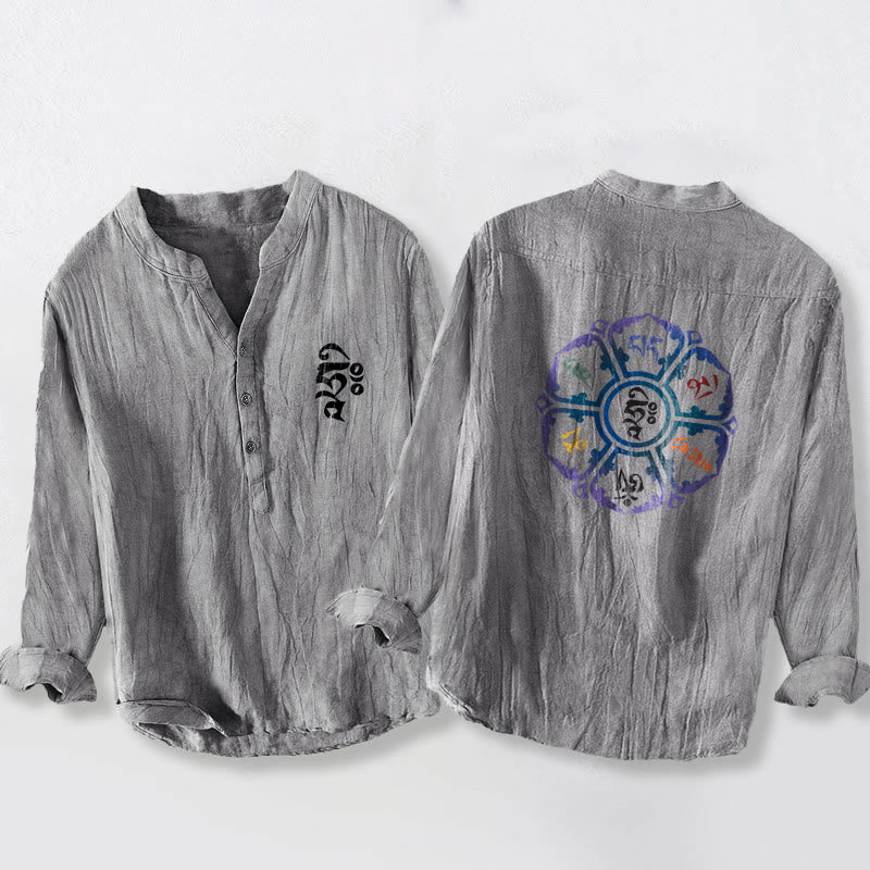 Buddha Stones、オーム・マニ・パドメ・フム、カラフルなマンダラ柄、ハーフボタン、長袖メンズコットンリネンシャツ - グレー - US/UK/AU50、EU60 (5XL) - image 6