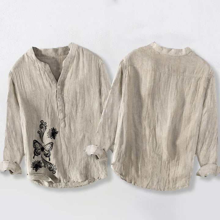 Buddha Stones、蝶、蓮の模様、ハーフボタン、長袖メンズコットンリネンシャツ - image 2