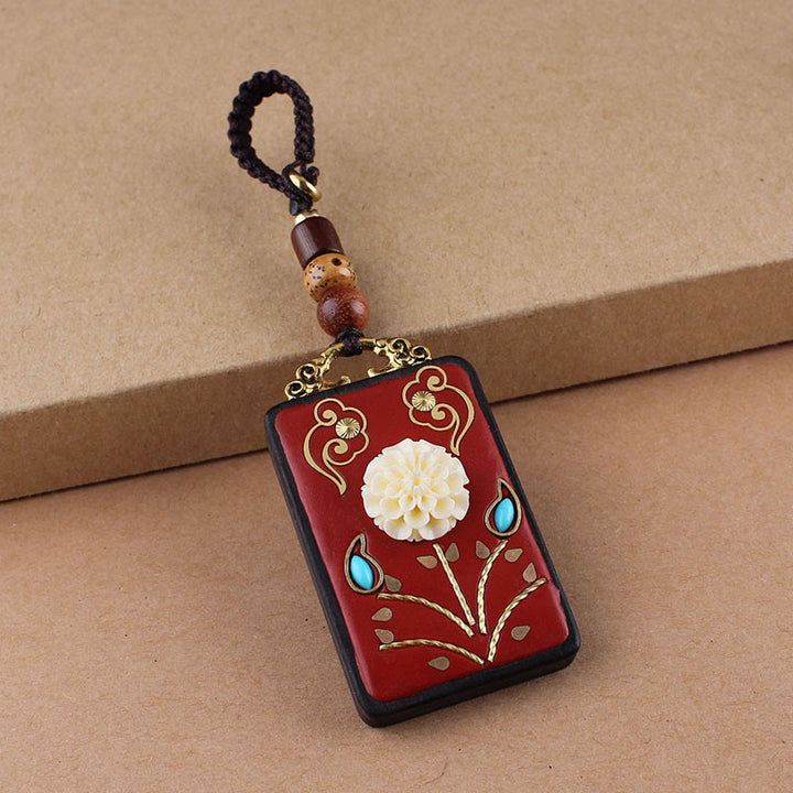 Buddha Stones、黒檀の花、鯉、風のキャラクターボタンロープキーホルダー - 茶色のボタンロープ - アジサイ - image 12