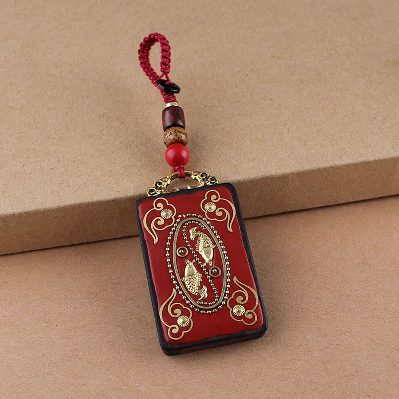 Buddha Stones、黒檀の花、鯉、風のキャラクターボタンロープキーホルダー - 赤いボタンロープ - 鯉 - image 15