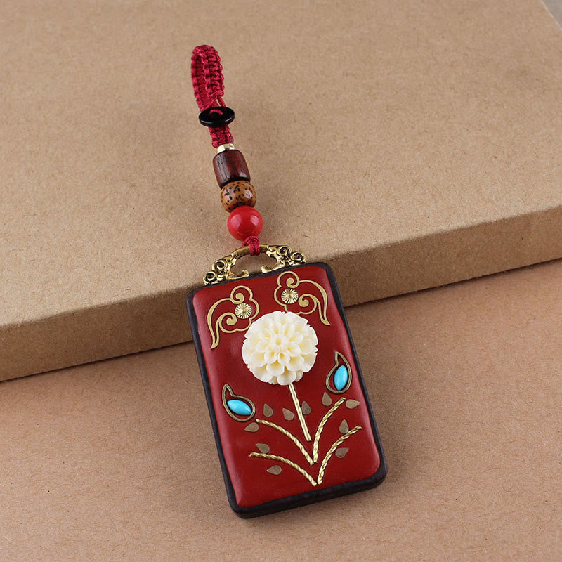 Buddha Stones、黒檀の花、鯉、風のキャラクターボタンロープキーホルダー - 赤いボタンロープ - アジサイ - image 18