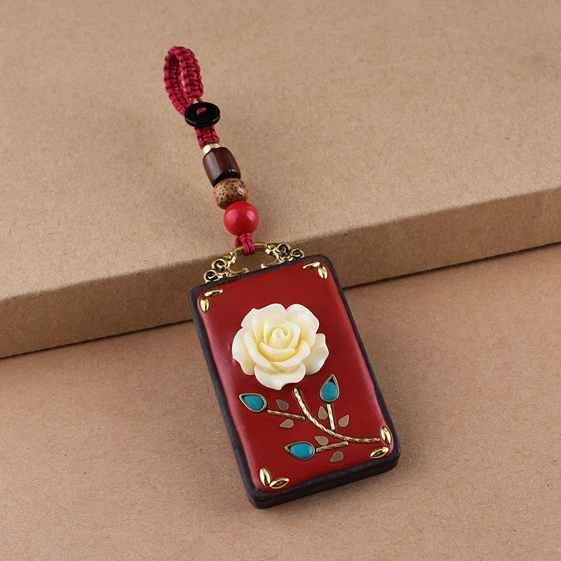 Buddha Stones、黒檀の花、鯉、風のキャラクターボタンロープキーホルダー - 赤いボタンロープ - 薔薇 - image 14