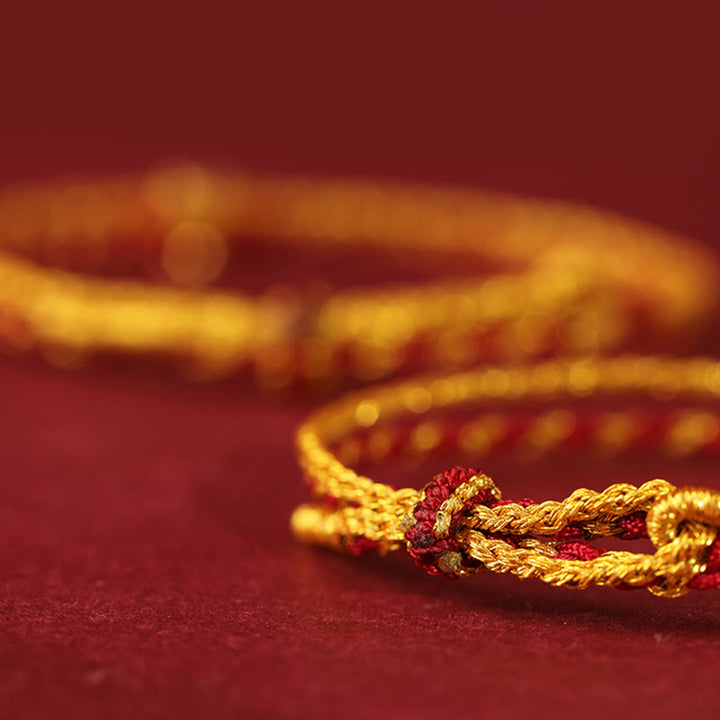 Buddha Stones999 ゴールドビーズ 銅貨 ダブルラップ 金赤紐接続 編み込みブレスレット - image 2