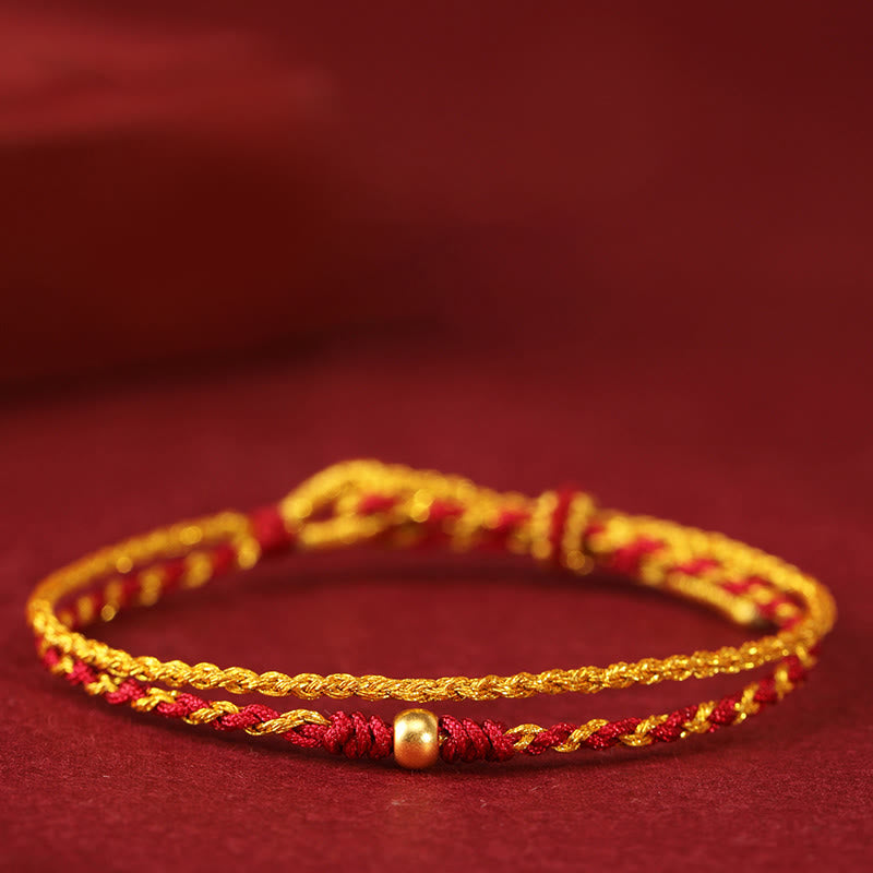 Buddha Stones999 ゴールドビーズ 銅貨 ダブルラップ 金赤紐接続 編み込みブレスレット - 999ゴールドシングルビーズ - image 0