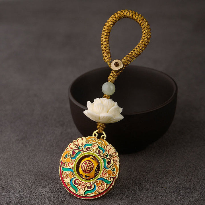 Buddha Stonesの実 蓮華 和田翡翠ビーズ 銅製 回転式 平和キーホルダー - 福文字瑞雲 - 黄色いボタンロープ - image 10