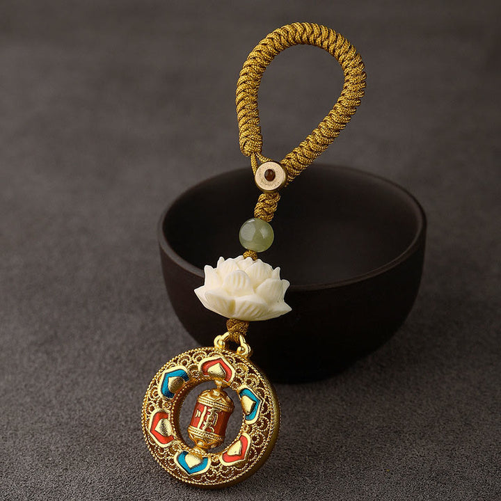 Buddha Stonesの実 蓮華 和田翡翠ビーズ 銅製 回転式 平和キーホルダー - 祈祷ホイール - 黄色いボタンロープ - image 13