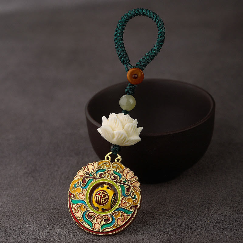 Buddha Stonesの実 蓮華 和田翡翠ビーズ 銅製 回転式 平和キーホルダー - 福文字瑞雲 - 緑のボタンロープ - image 11