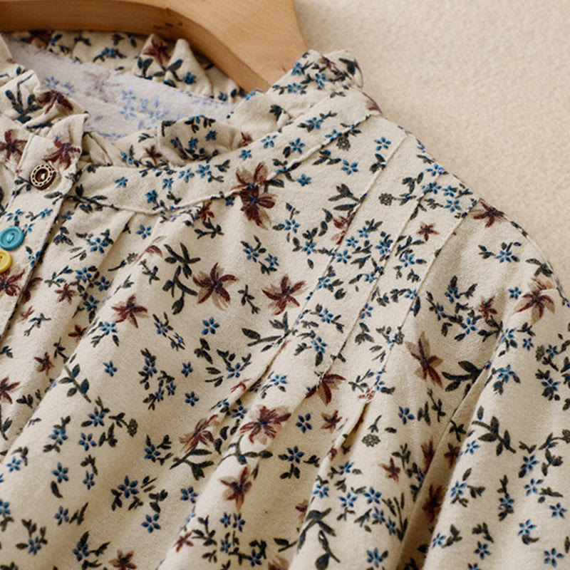 Buddha Stones秋の花柄プリント ボタンダウンデザイン レディース コットン 長袖シャツ - image 10