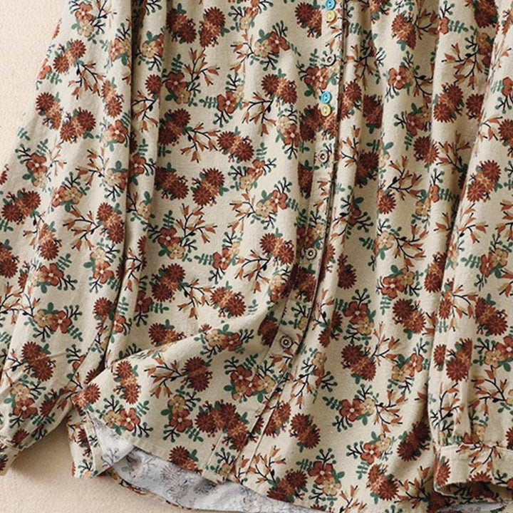 Buddha Stones秋の花柄プリント ボタンダウンデザイン レディース コットン 長袖シャツ - image 3