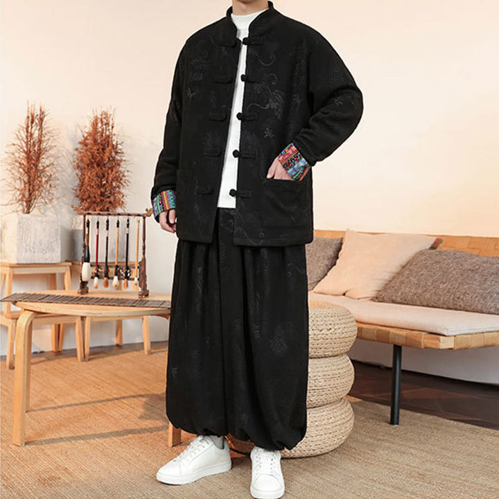 Buddha Stones 2点セット 秋冬 メンズ 唐装 ドラゴン カエルボタン コットン 長袖 ジャケット パンツ セット - image 7