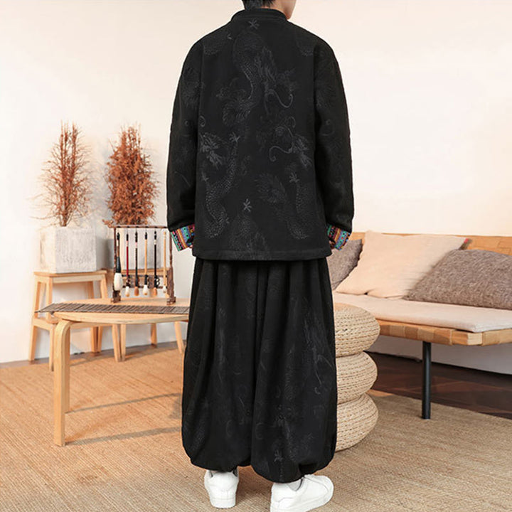 Buddha Stones 2点セット 秋冬 メンズ 唐装 ドラゴン カエルボタン コットン 長袖 ジャケット パンツ セット - image 4