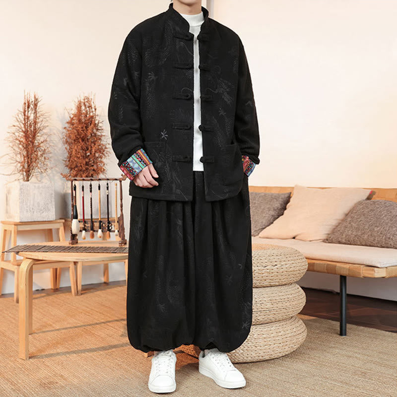 Buddha Stones 2点セット 秋冬 メンズ 唐装 ドラゴン カエルボタン コットン 長袖 ジャケット パンツ セット - image 6