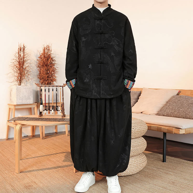 Buddha Stones 2点セット 秋冬 メンズ 唐装 ドラゴン カエルボタン コットン 長袖 ジャケット パンツ セット - image 2
