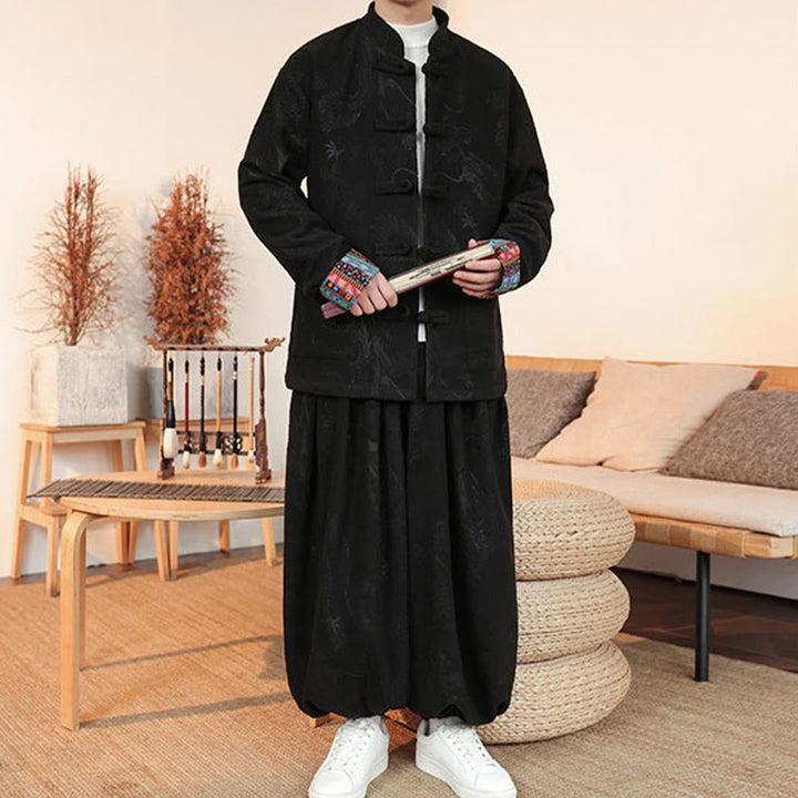 Buddha Stones 2点セット 秋冬 メンズ 唐装 ドラゴン カエルボタン コットン 長袖 ジャケット パンツ セット - image 3