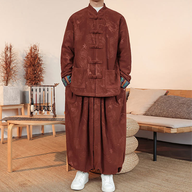 Buddha Stones 2点セット 秋冬 メンズ 唐装 ドラゴン カエルボタン コットン 長袖 ジャケット パンツ セット - image 16