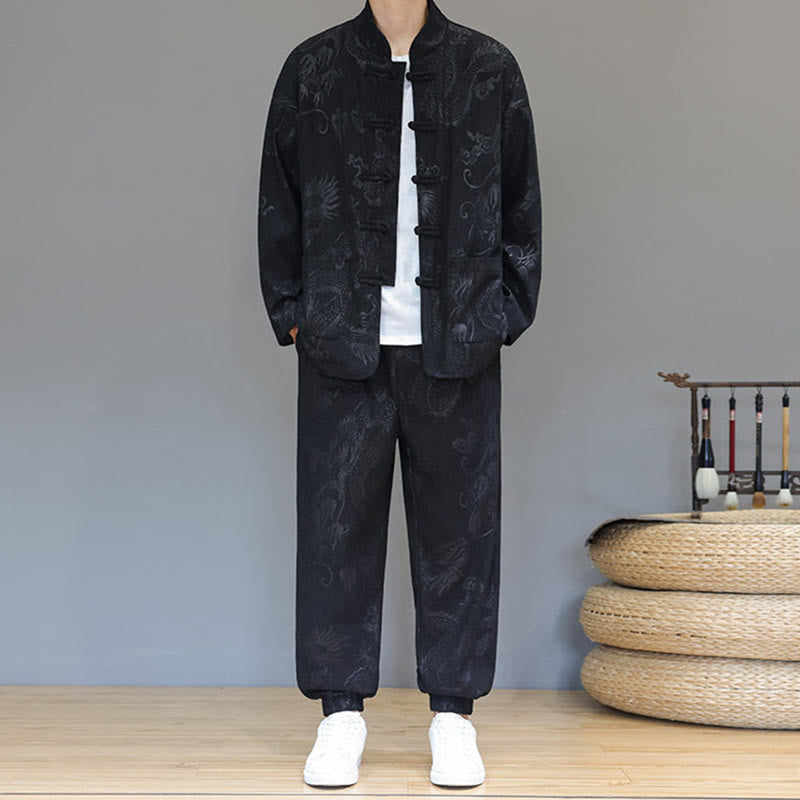 Buddha Stones 2点セット 秋冬 メンズ 唐装 ドラゴン カエルボタン コットン コーデュロイ 長袖 ジャケット パンツ セット ポケット付き - 黒 - US/UK/AU46、 EU56 (5XL) - image 12
