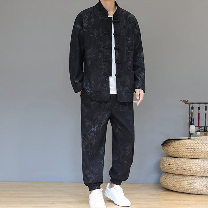 Buddha Stones 2点セット 秋冬 メンズ 唐装 ドラゴン カエルボタン コットン コーデュロイ 長袖 ジャケット パンツ セット ポケット付き - image 13