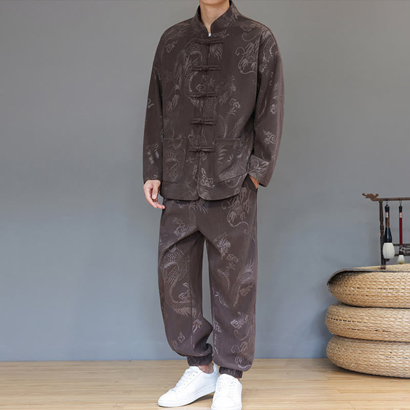 Buddha Stones 2点セット 秋冬 メンズ 唐装 ドラゴン カエルボタン コットン コーデュロイ 長袖 ジャケット パンツ セット ポケット付き - image 6