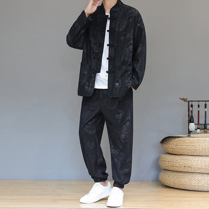 Buddha Stones 2点セット 秋冬 メンズ 唐装 ドラゴン カエルボタン コットン コーデュロイ 長袖 ジャケット パンツ セット ポケット付き - image 18