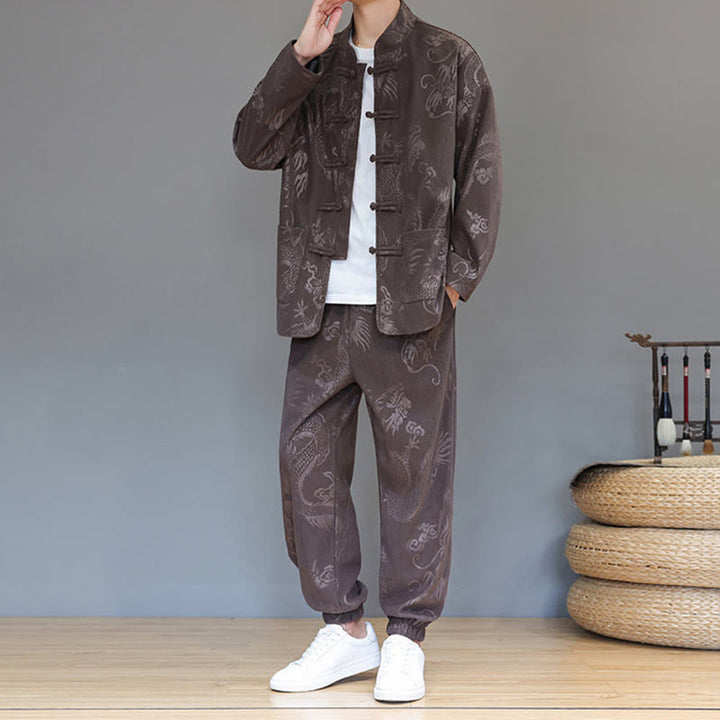 Buddha Stones 2点セット 秋冬 メンズ 唐装 ドラゴン カエルボタン コットン コーデュロイ 長袖 ジャケット パンツ セット ポケット付き - image 7