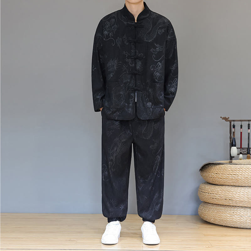 Buddha Stones 2点セット 秋冬 メンズ 唐装 ドラゴン カエルボタン コットン コーデュロイ 長袖 ジャケット パンツ セット ポケット付き - image 14