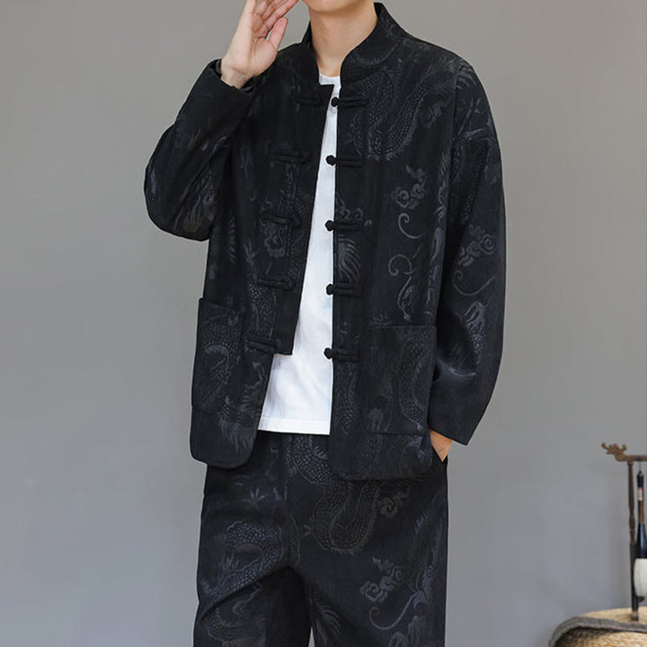 Buddha Stones 2点セット 秋冬 メンズ 唐装 ドラゴン カエルボタン コットン コーデュロイ 長袖 ジャケット パンツ セット ポケット付き - image 21