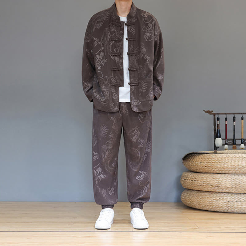 Buddha Stones 2点セット 秋冬 メンズ 唐装 ドラゴン カエルボタン コットン コーデュロイ 長袖 ジャケット パンツ セット ポケット付き - image 2
