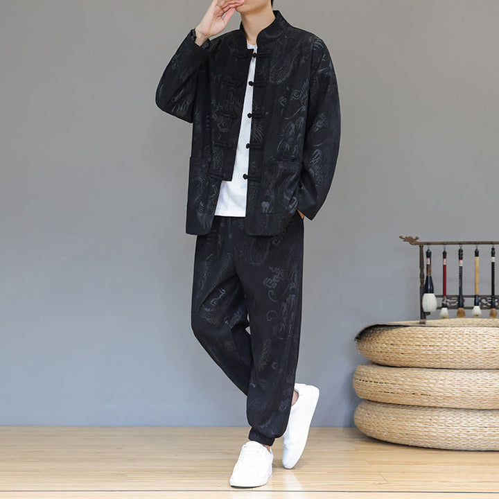 Buddha Stones 2点セット 秋冬 メンズ 唐装 ドラゴン カエルボタン コットン コーデュロイ 長袖 ジャケット パンツ セット ポケット付き - image 19