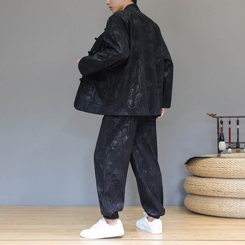 Buddha Stones 2点セット 秋冬 メンズ 唐装 ドラゴン カエルボタン コットン コーデュロイ 長袖 ジャケット パンツ セット ポケット付き - image 15