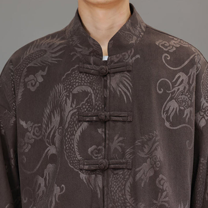 Buddha Stones 2点セット 秋冬 メンズ 唐装 ドラゴン カエルボタン コットン コーデュロイ 長袖 ジャケット パンツ セット ポケット付き - image 9