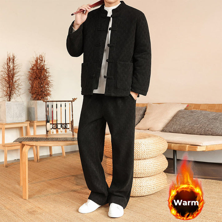 Buddha Stones 2点セット 冬用 無地 メンズ 唐装 カエルボタン コットン 長袖 ジャケット パンツ セット ポケット付き - image 18