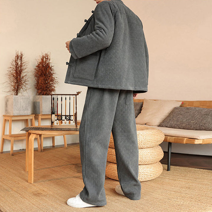 Buddha Stones 2点セット 冬用 無地 メンズ 唐装 カエルボタン コットン 長袖 ジャケット パンツ セット ポケット付き - image 3