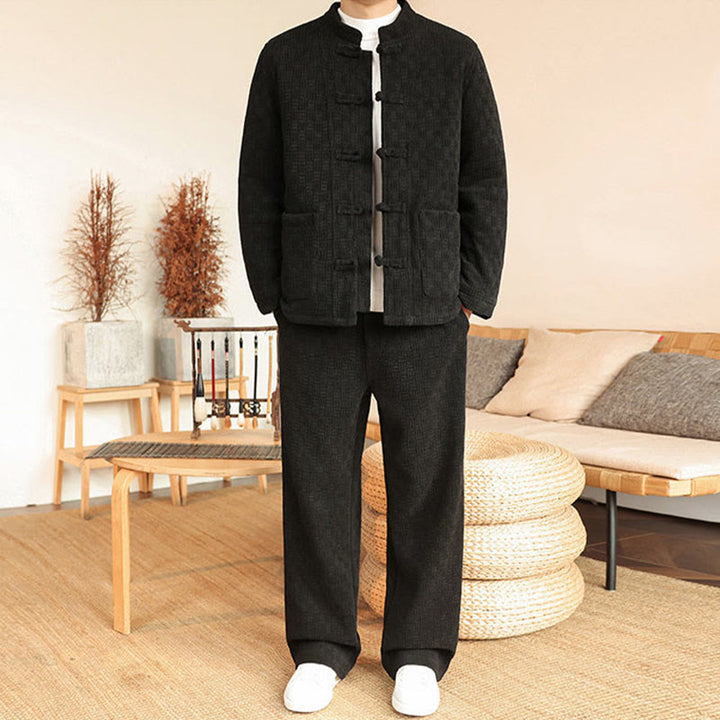 Buddha Stones 2点セット 冬用 無地 メンズ 唐装 カエルボタン コットン 長袖 ジャケット パンツ セット ポケット付き - 黒 - US/UK/AU46、 EU56 (5XL) - image 17